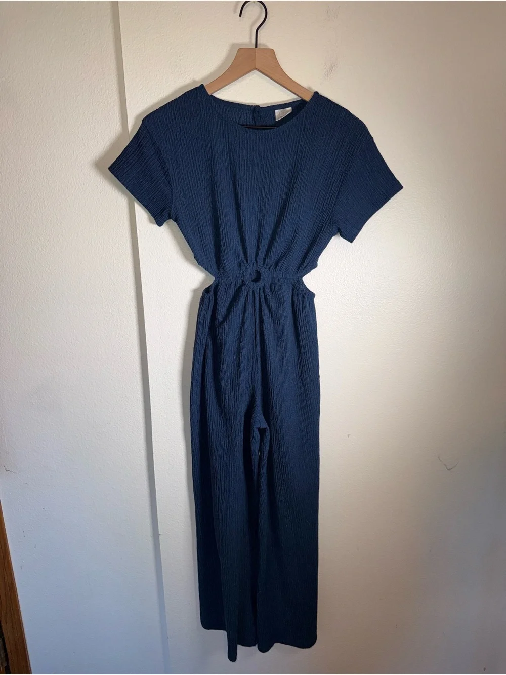 ZARA Navy textured full length beachy side cut out waist keyhole jumpsuit 14